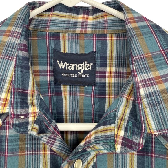 Vtg Wrangler Western Mens Long Sleeve Plaid Pearl Snap Button Down Thin Large - Picture 4 of 6